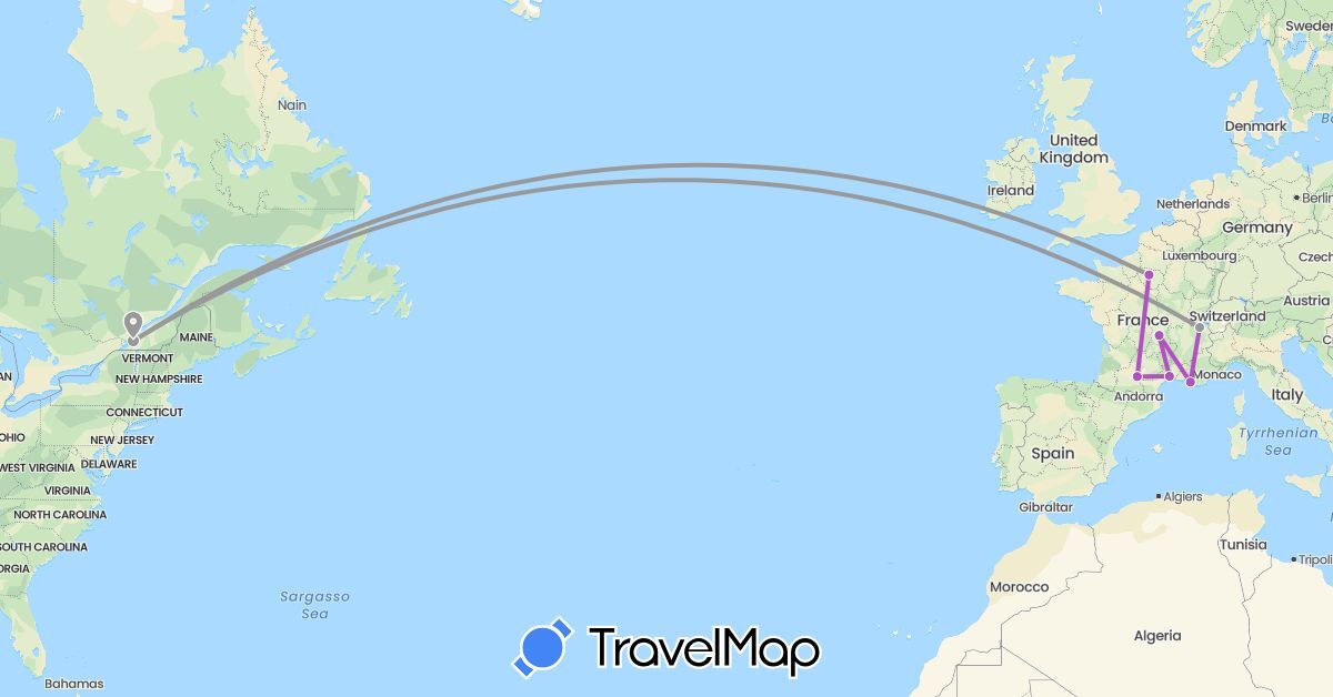 TravelMap itinerary: driving, plane, train in Canada, Switzerland, France (Europe, North America)